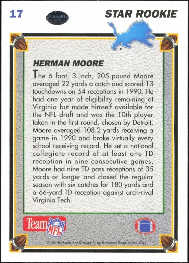 1991 Upper Deck Herman Moore #17 football trading card back