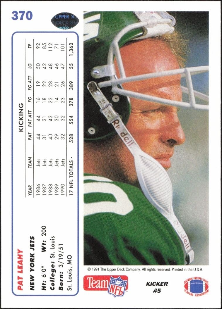 1991 Upper Deck Pat Leahy #370 football trading card back