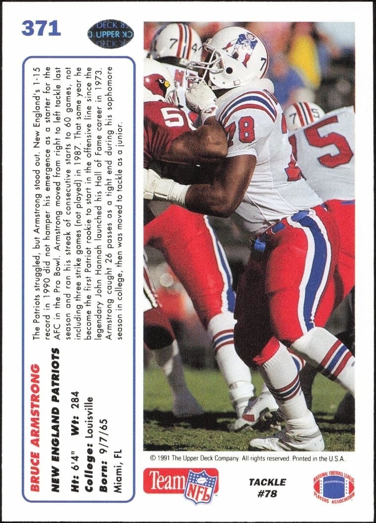 1991 Upper Deck Bruce Armstrong #371 football trading card back