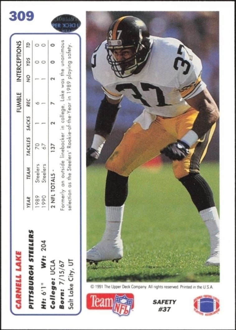 1991 Upper Deck Carnell Lake #309 football trading card back