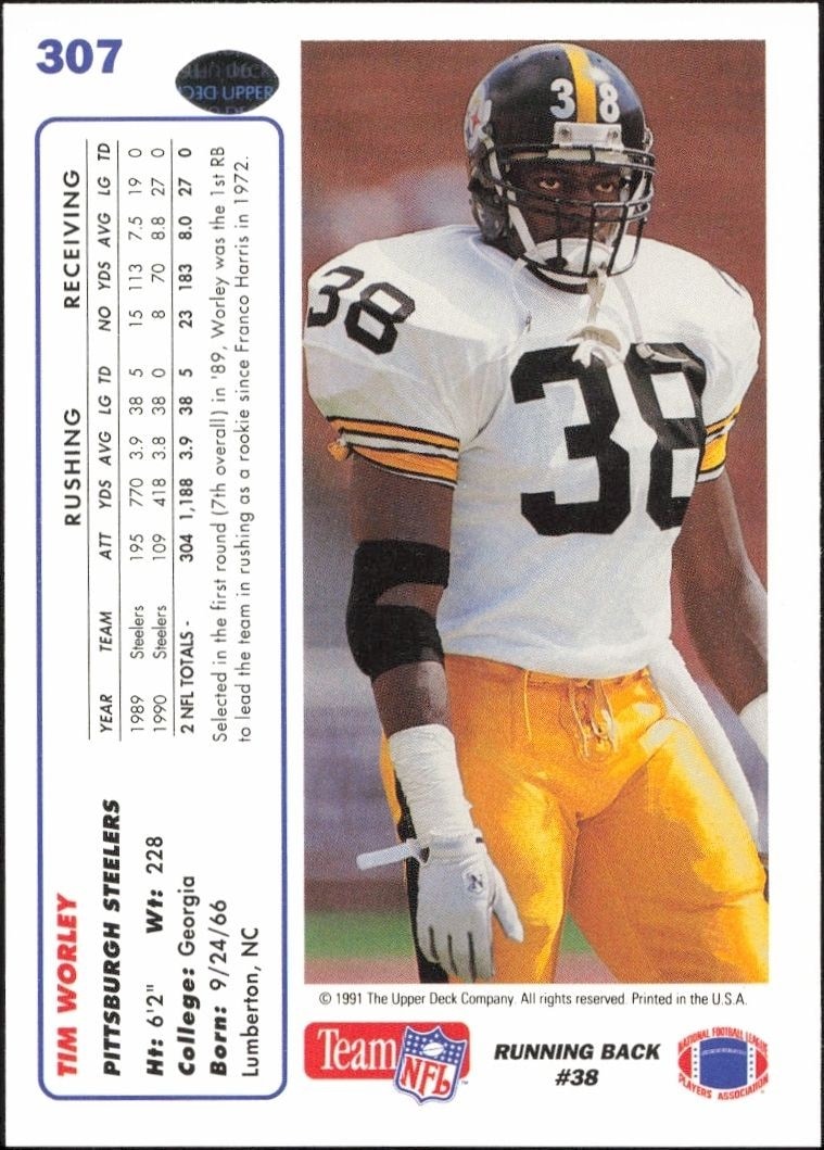 1991 Upper Deck Tim Worley #307 football trading card back