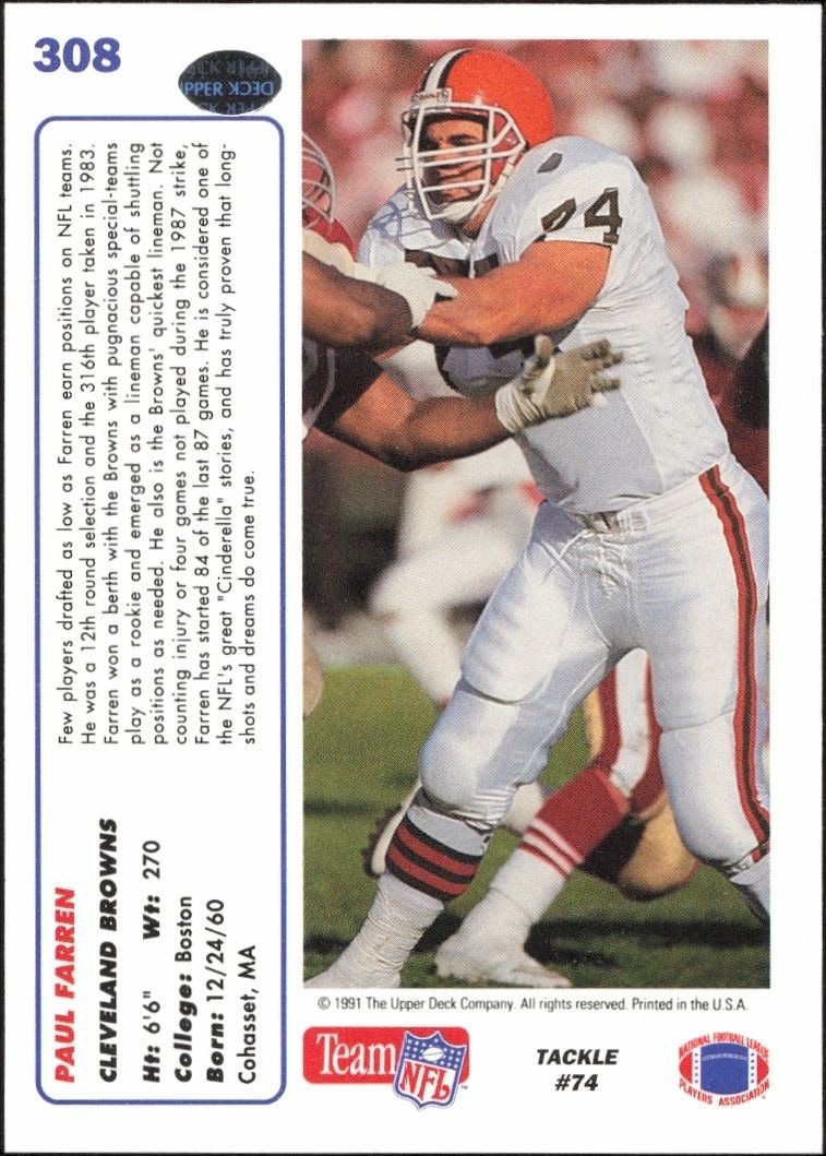 1991 Upper Deck Paul Farren #308 football trading card back