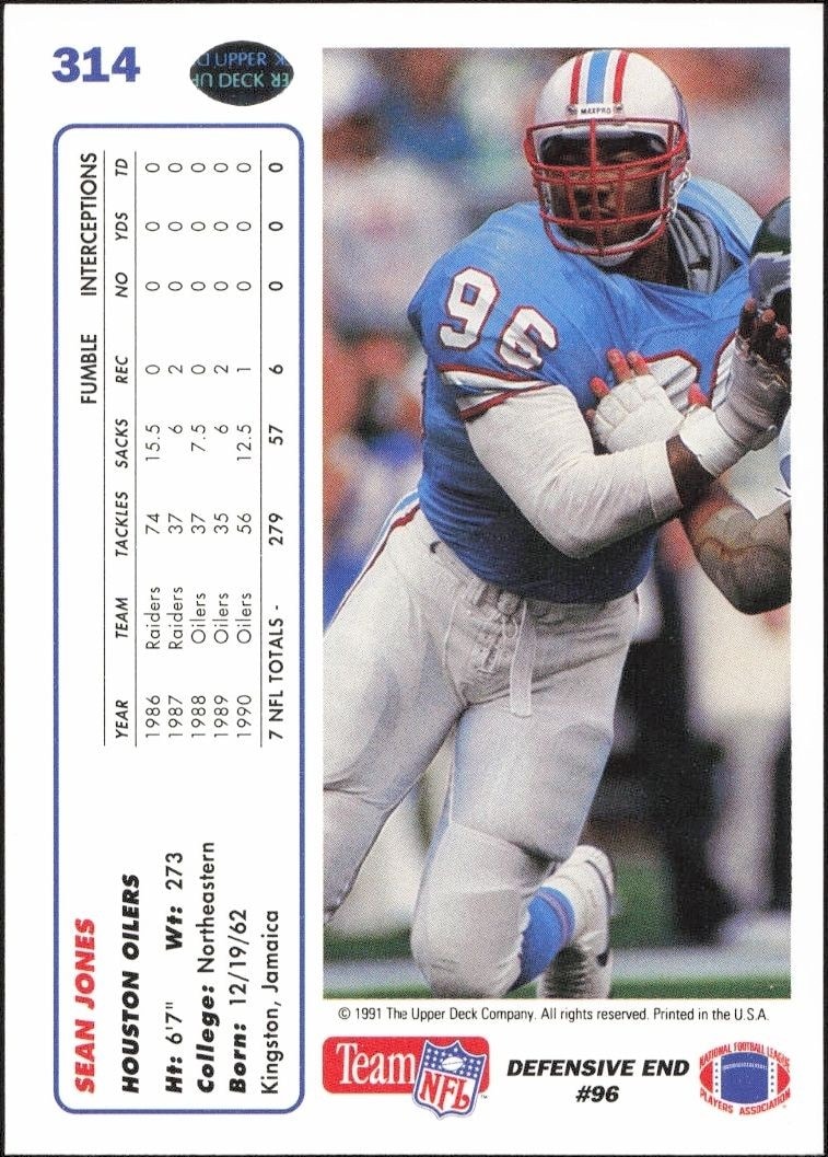 1991 Upper Deck Sean Jones #314 football trading card back