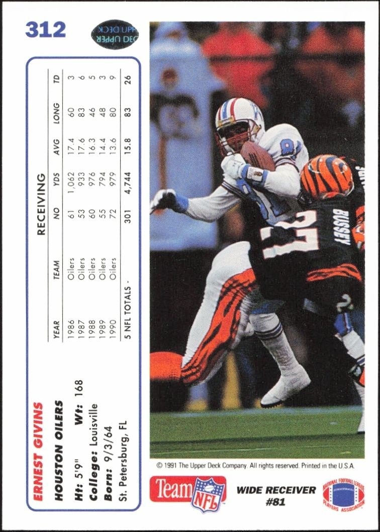 1991 Upper Deck Ernest Givins #312 football trading card back