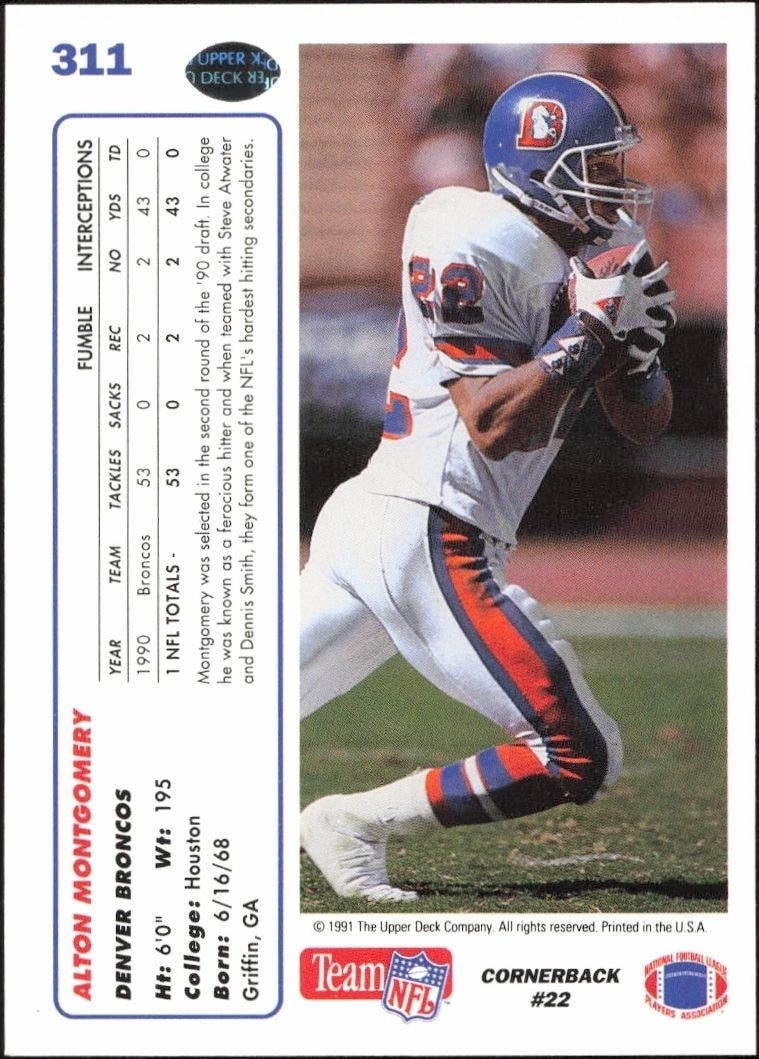 1991 Upper Deck Alton Montgomery #311 football trading card back