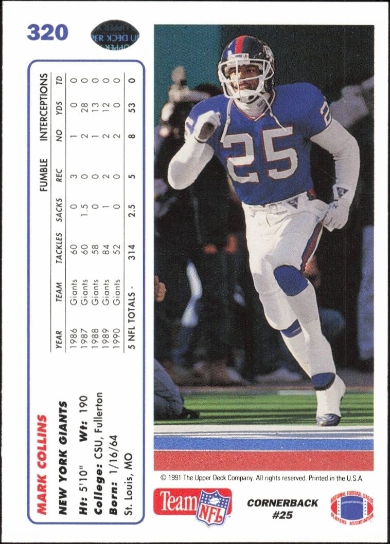 1991 Upper Deck Mark Collins #320 football trading card back