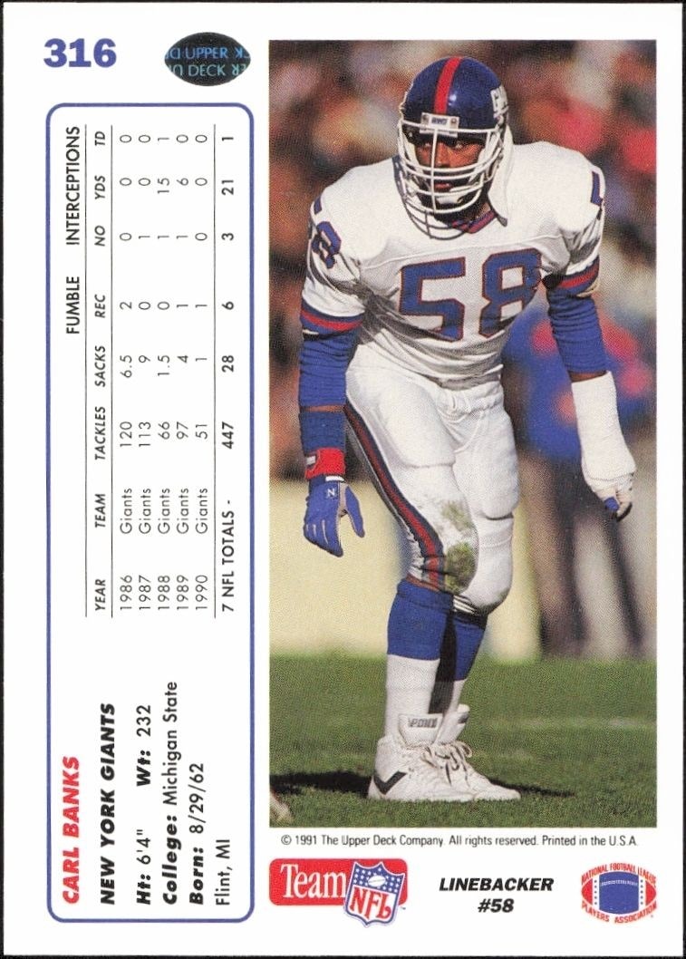1991 Upper Deck Carl Banks #316 football trading card back