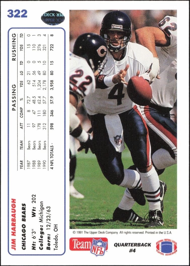 1991 Upper Deck Jim Harbaugh #322 football trading card back