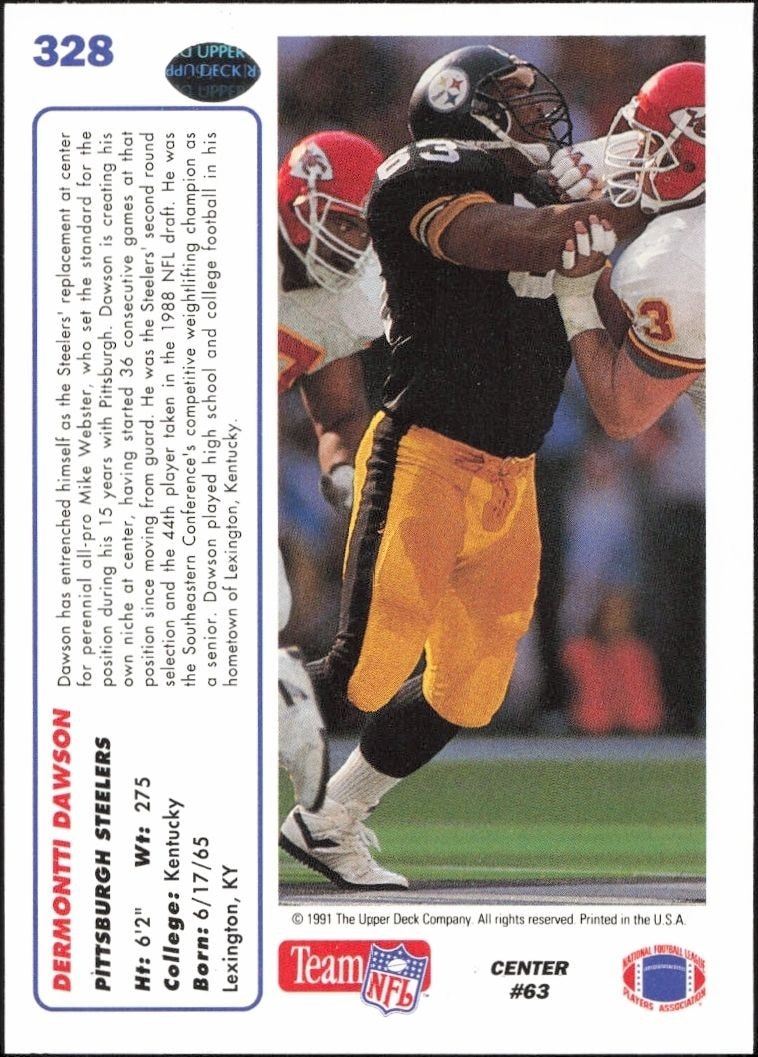1991 Upper Deck Dermontti Dawson #328 football trading card back