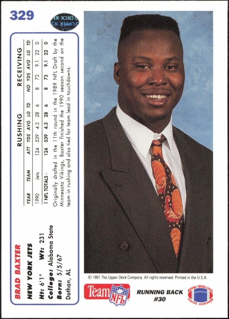1991 Upper Deck Brad Baxter #329 football trading card back