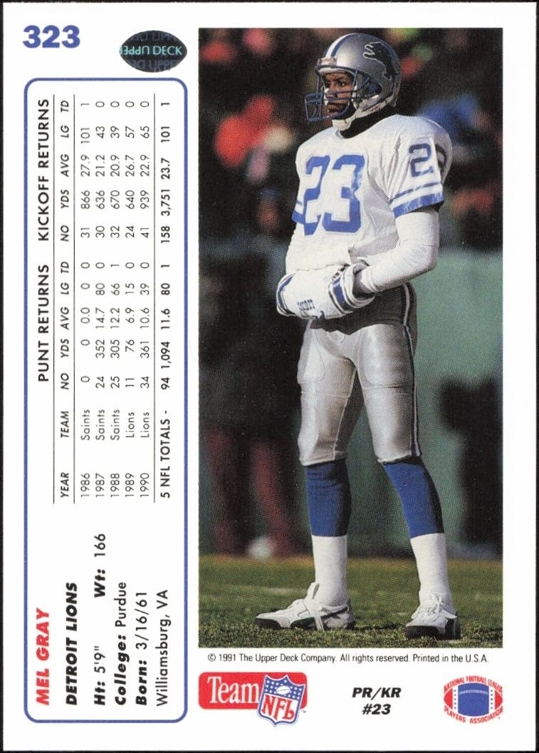 1991 Upper Deck Mel Gray #323 football trading card back