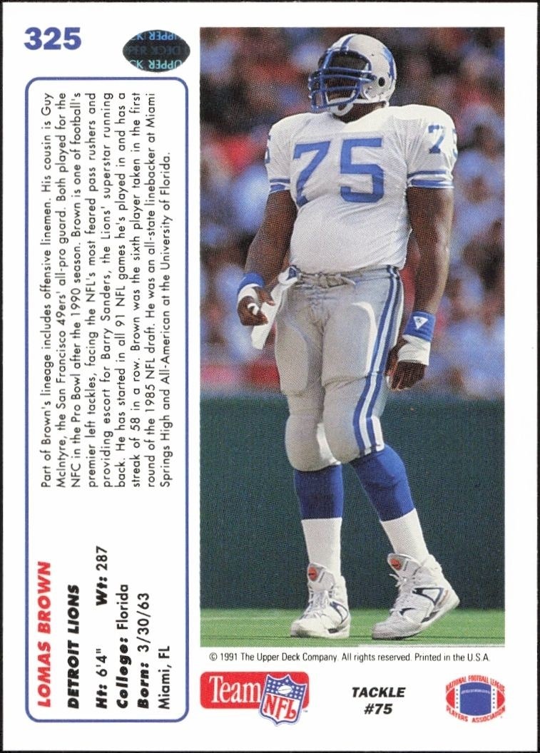 1991 Upper Deck Lomas Brown #325 football trading card back