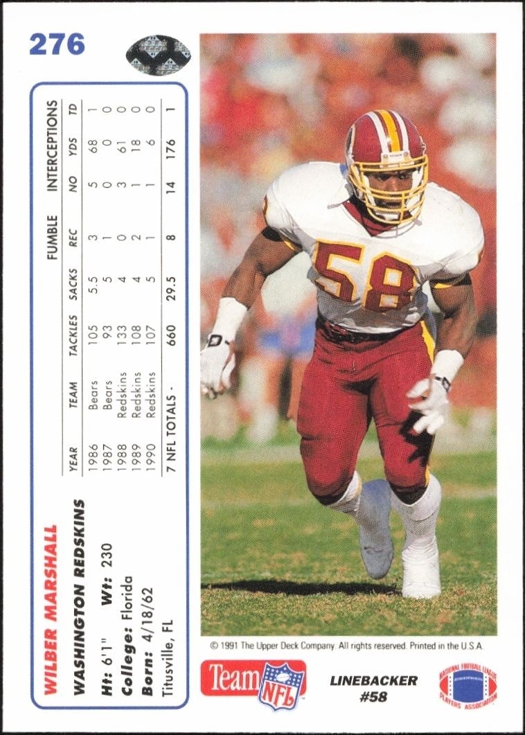 1991 Upper Deck Wilber Marshall #276 football trading card back