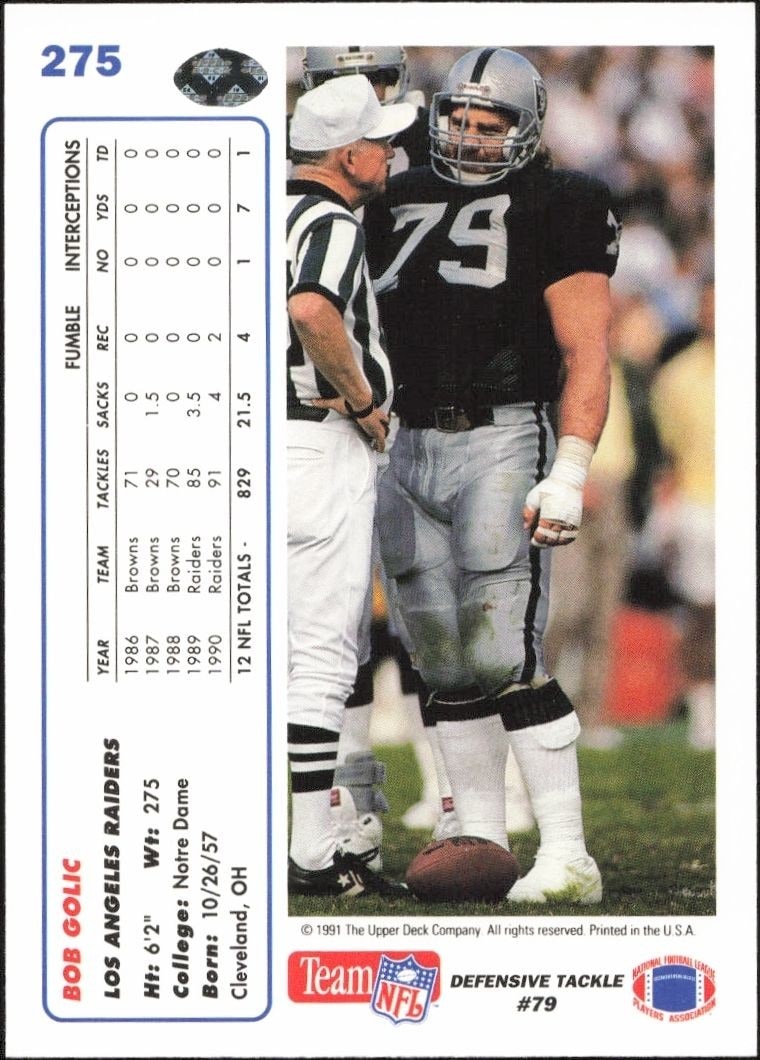 1991 Upper Deck Bob Golic #275 football trading card back