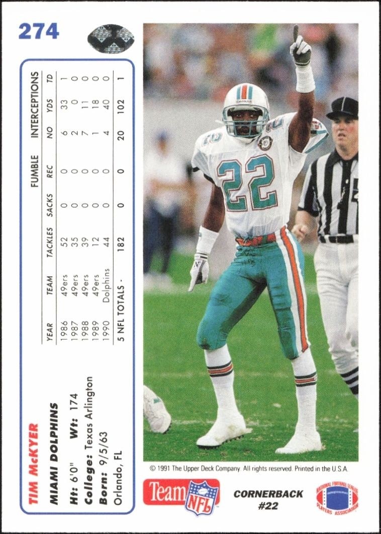 1991 Upper Deck Tim McKyer #274 football trading card back
