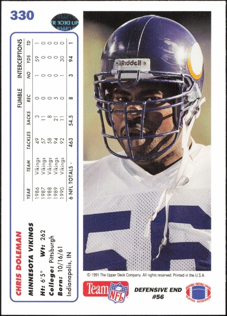 1991 Upper Deck Chris Doleman #330 football trading card back