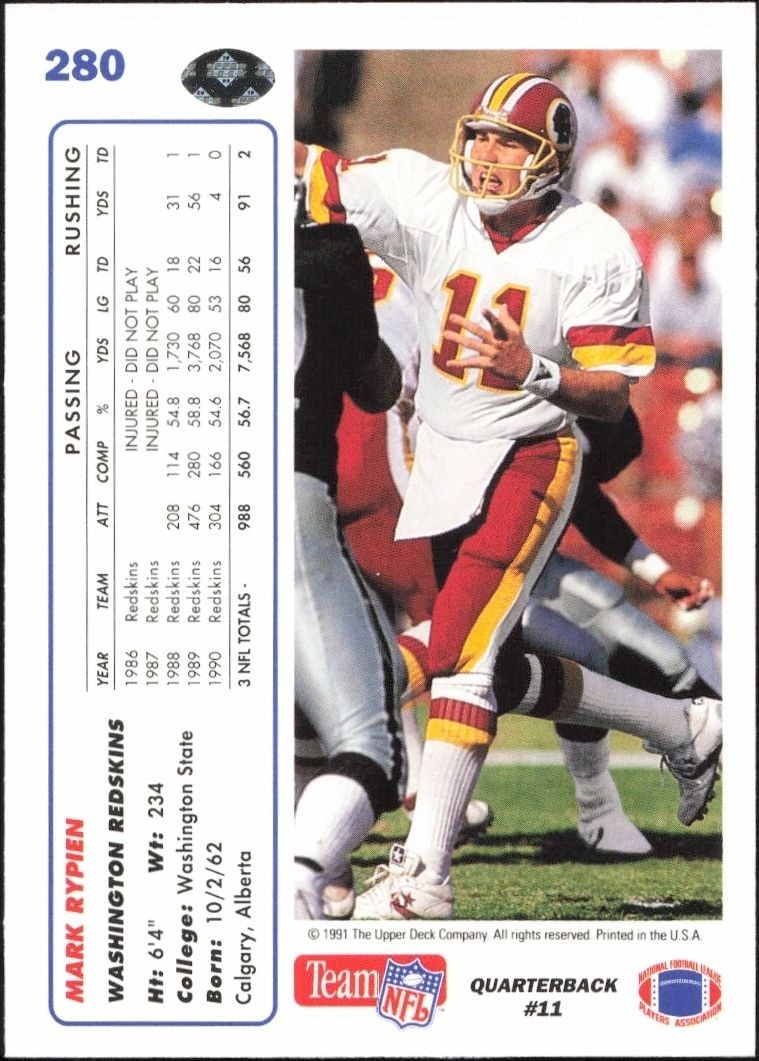 1991 Upper Deck Mark Rypien #280 football trading card back