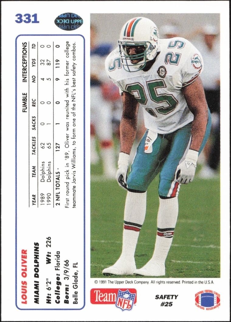 1991 Upper Deck Louis Oliver #331 football trading card back