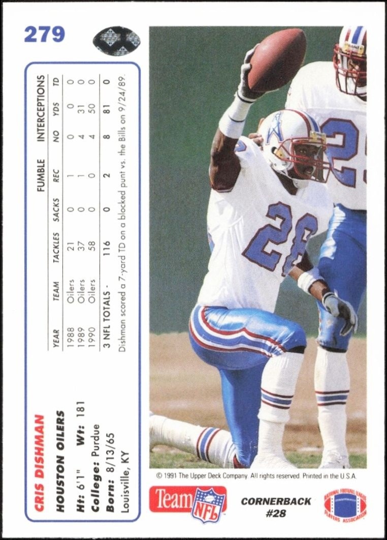 1991 Upper Deck Cris Dishman #279 football trading card back