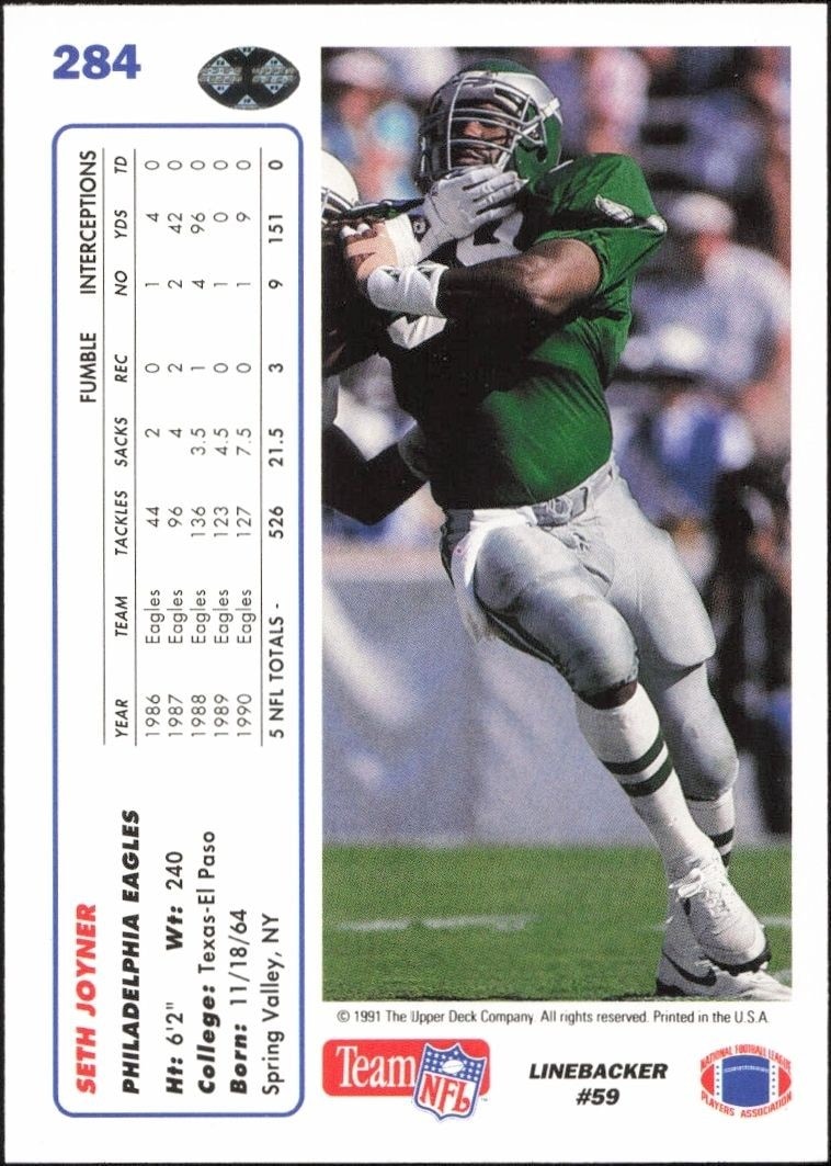1991 Upper Deck Seth Joyner #284 football trading card back