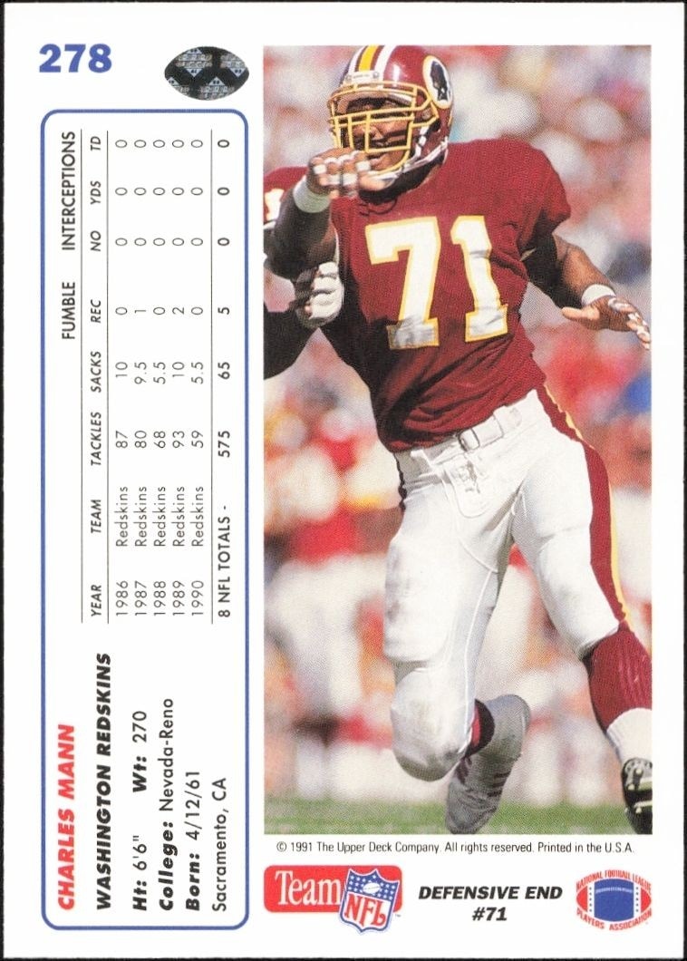 1991 Upper Deck Charles Mann #278 football trading card back