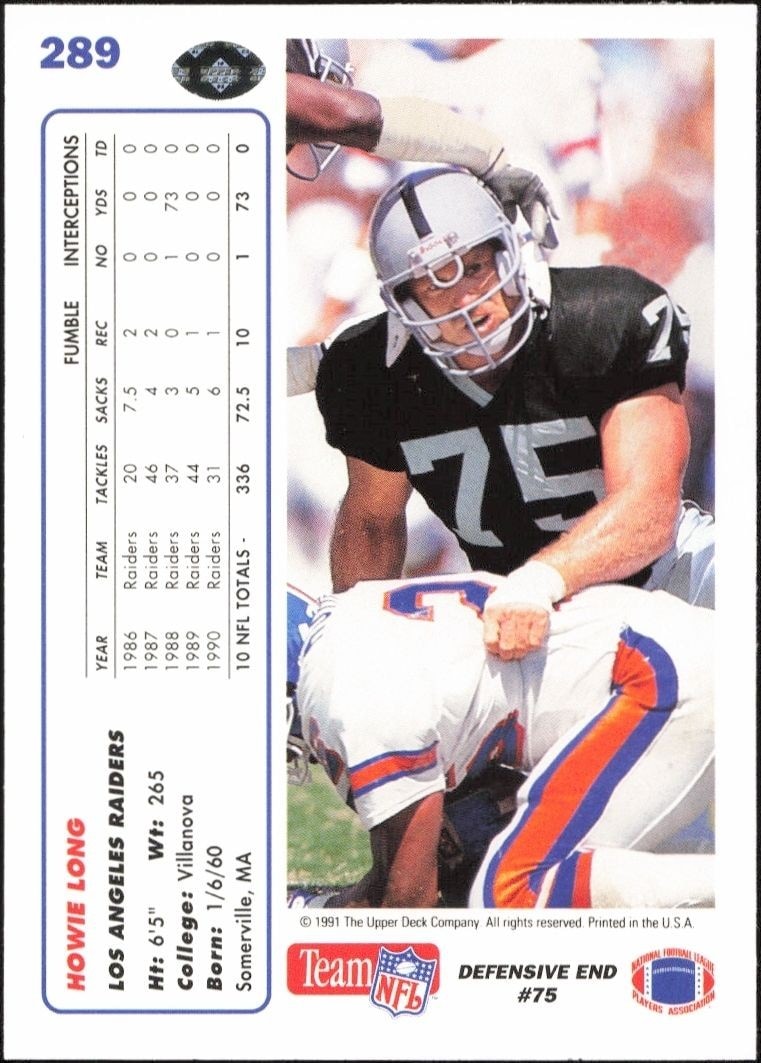 1991 Upper Deck Howie Long #289 football trading card back