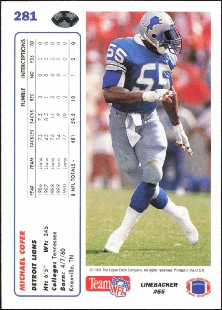 1991 Upper Deck Michael Cofer #281 football trading card back