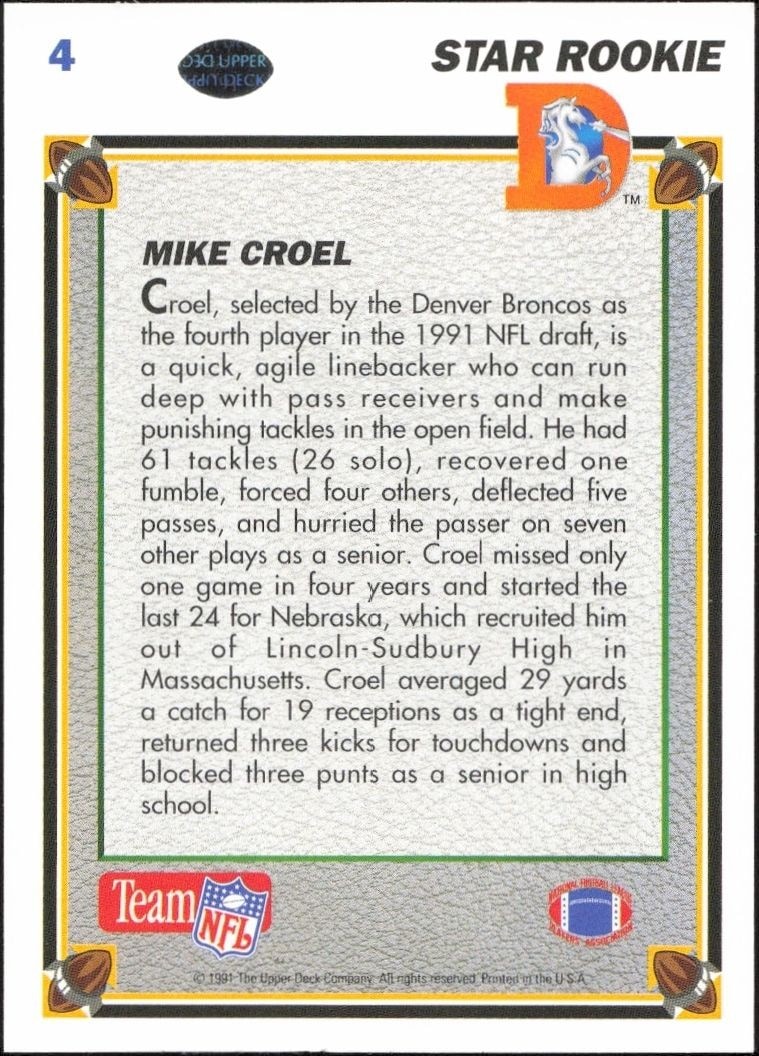 1991 Upper Deck Mike Croel #4 football trading card back