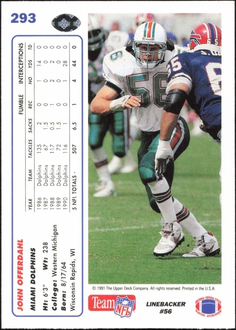 1991 Upper Deck John Offerdahl #293 football trading card back