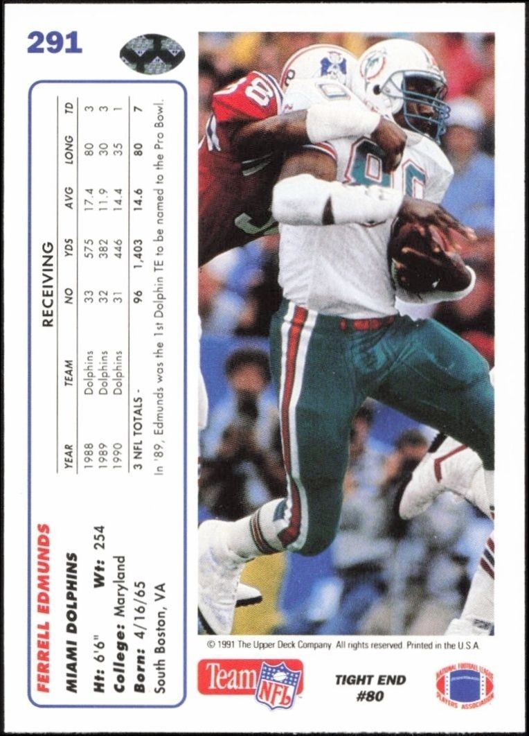 1991 Upper Deck Ferrell Edmunds #291 football trading card back