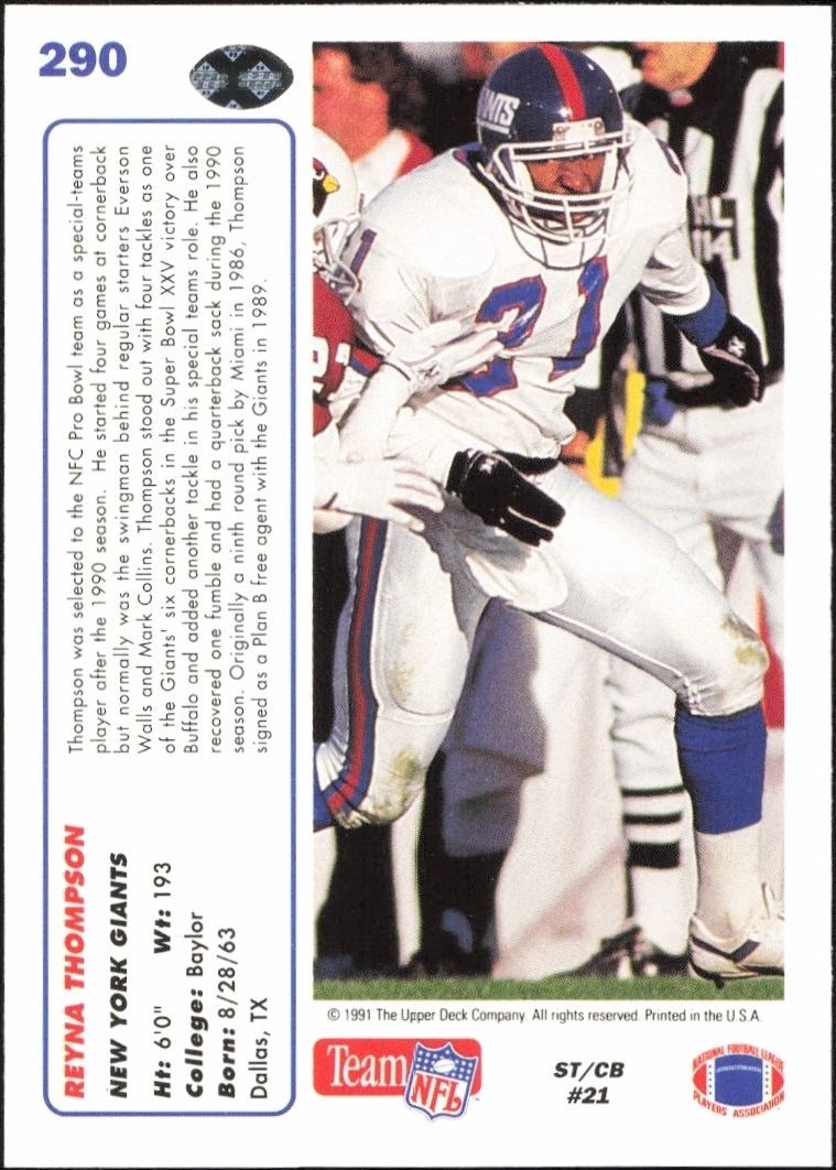 1991 Upper Deck Reyna Thompson #290 football trading card back