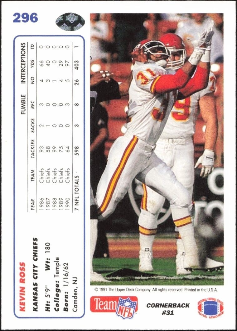 1991 Upper Deck Kevin Ross #296 football trading card back