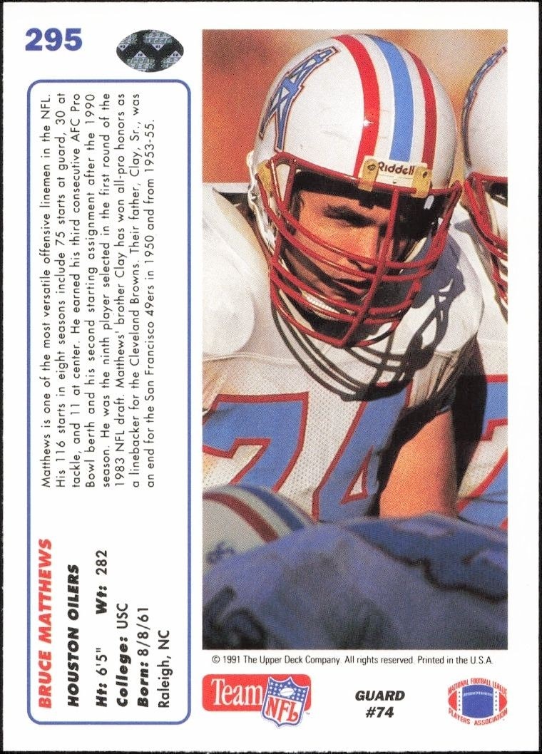 1991 Upper Deck Bruce Matthews #295 football trading card back