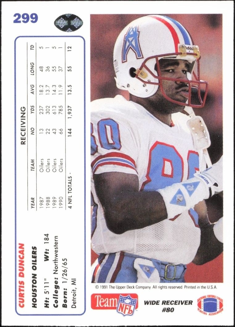 1991 Upper Deck Curtis Duncan #299 football trading card back
