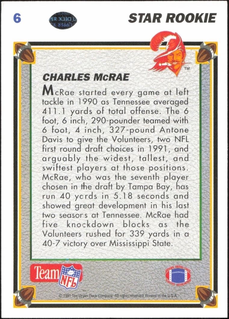 1991 Upper Deck Charles McRae #6 football trading card back