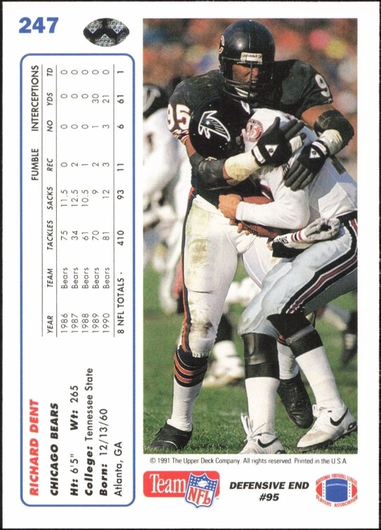 1991 Upper Deck Richard Dent #247 football trading card back