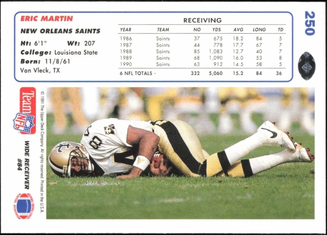 1991 Upper Deck Eric Martin #250 football trading card back