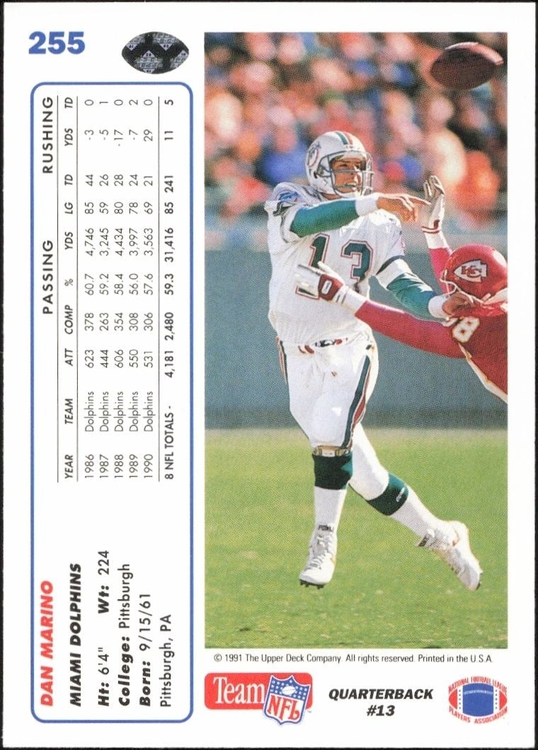 1991 Upper Deck Dan Marino #255 football trading card back