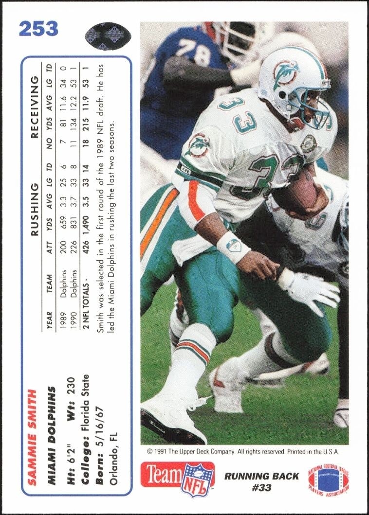 1991 Upper Deck Sammie Smith #253 football trading card back