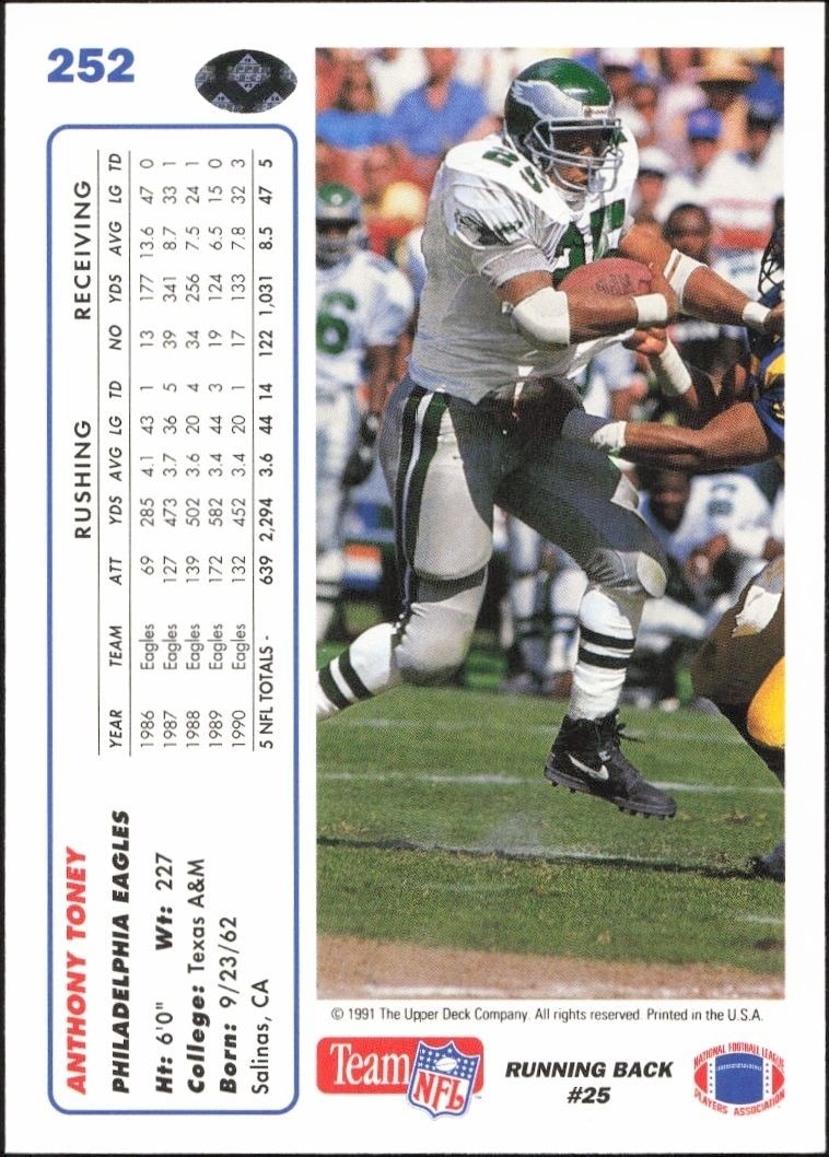 1991 Upper Deck Anthony Toney #252 football trading card back