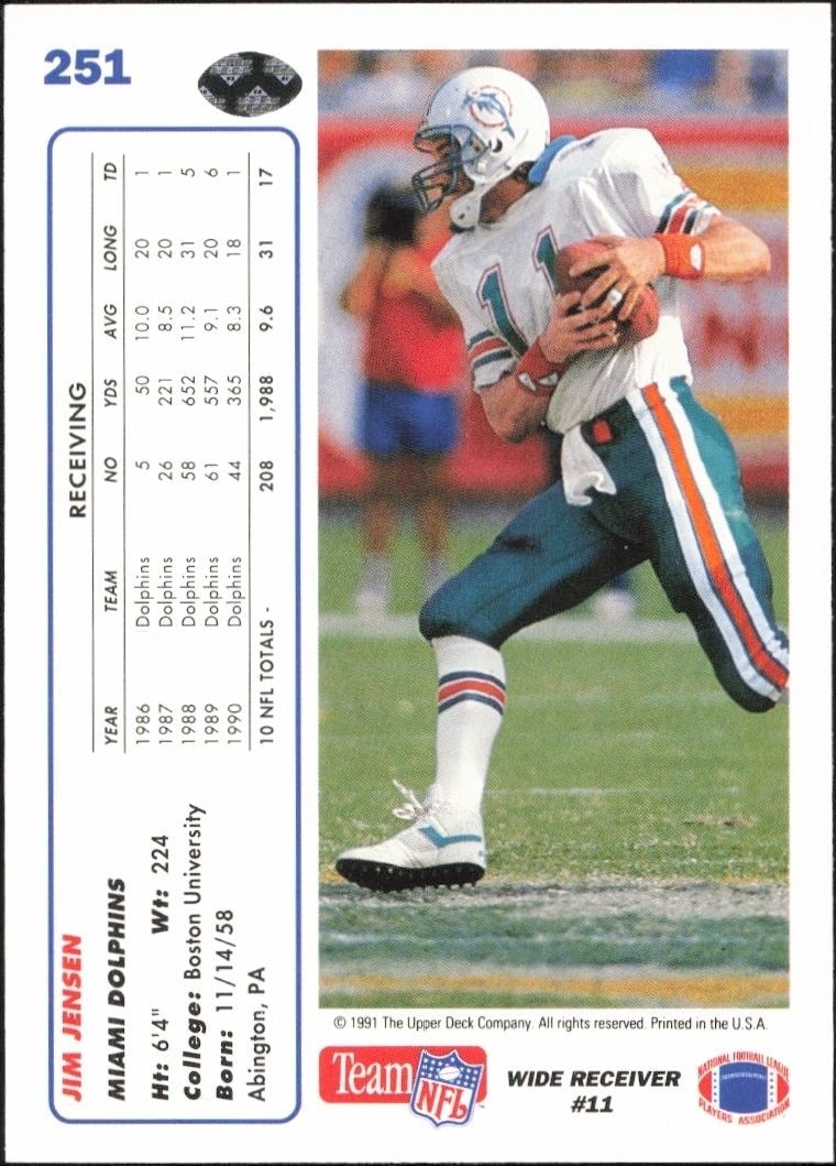 1991 Upper Deck Jim Jensen #251 football trading card back