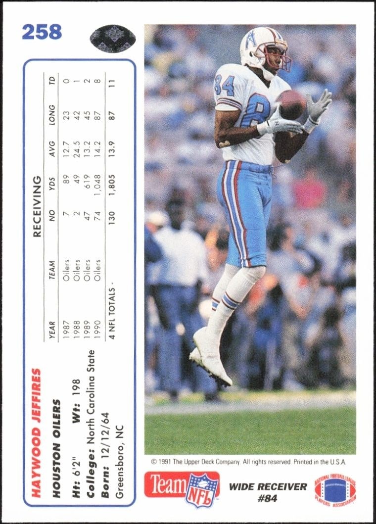 1991 Upper Deck Haywood Jeffires #258 football trading card back