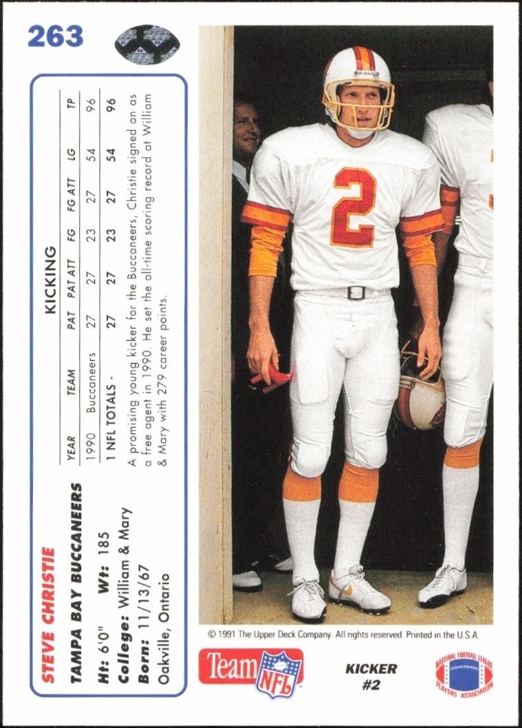1991 Upper Deck Steve Christie #263 football trading card back