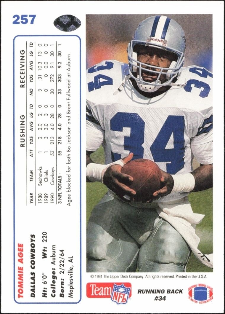 1991 Upper Deck Tommie Agee #257 football trading card back