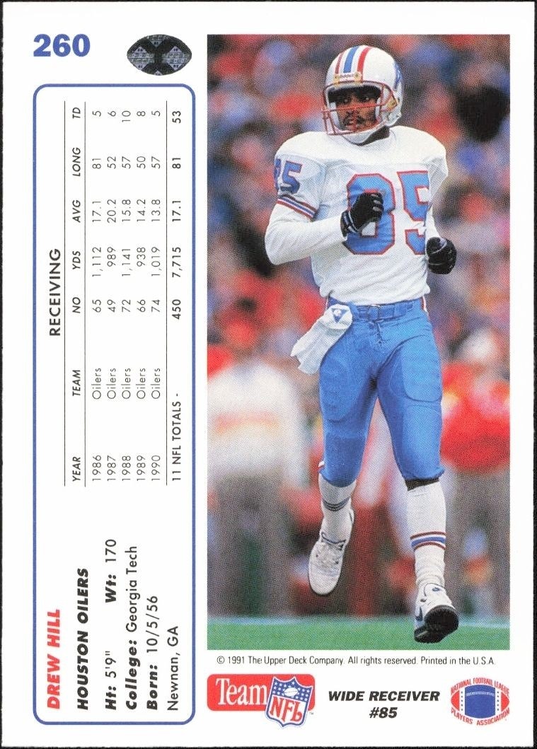 1991 Upper Deck Drew Hill #260 football trading card back