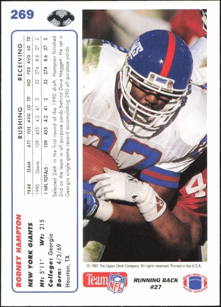 1991 Upper Deck Rodney Hampton #269 football trading card back