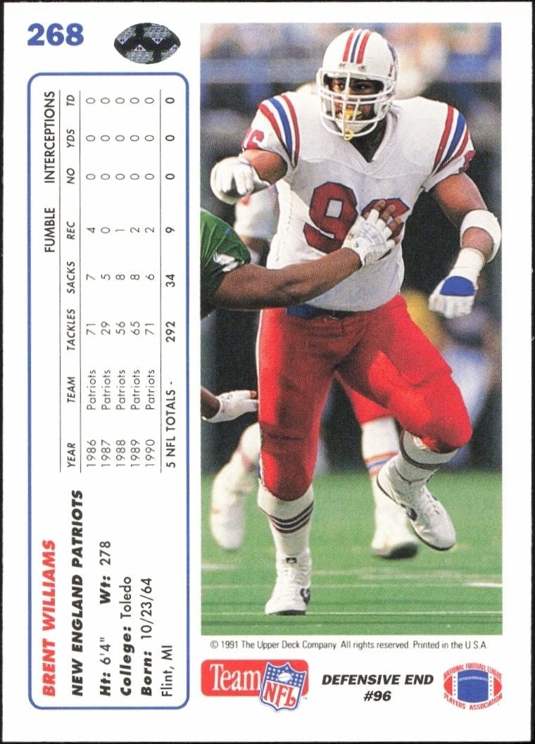 1991 Upper Deck Brent Williams #268 football trading card back
