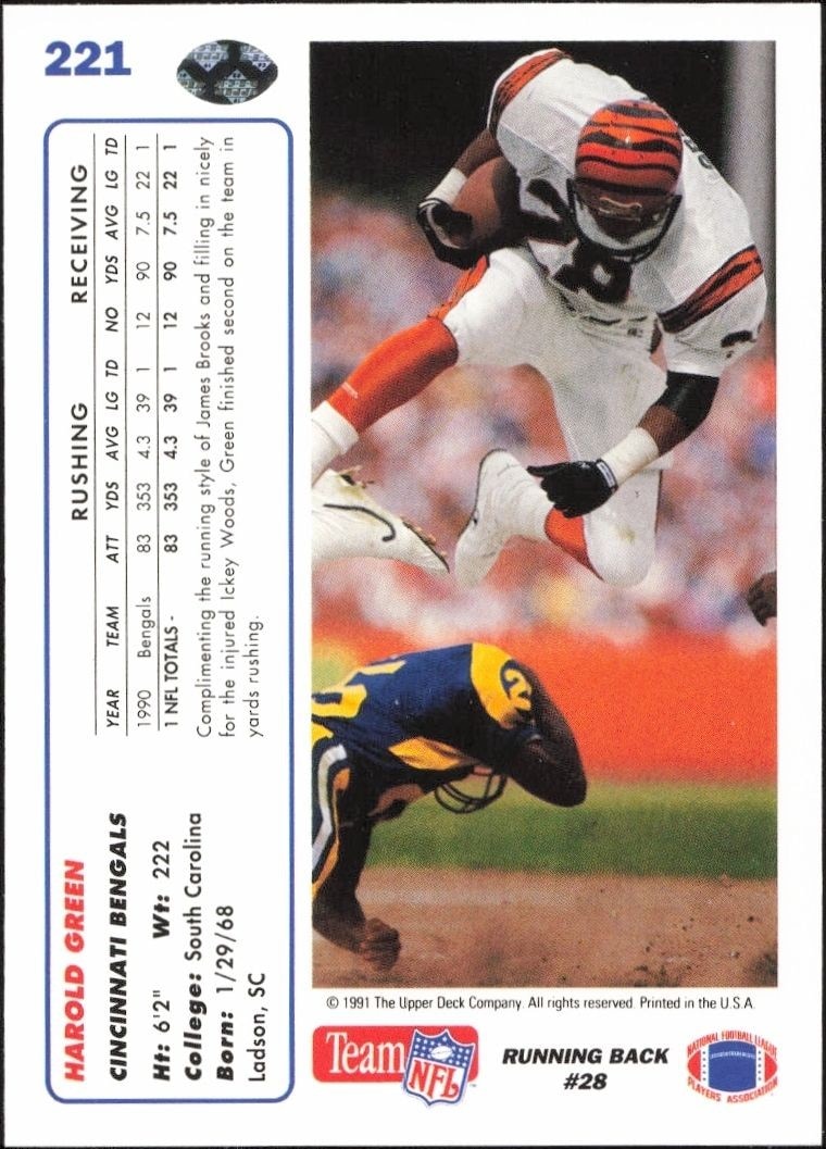 1991 Upper Deck Green Harold Green #221 football trading card back