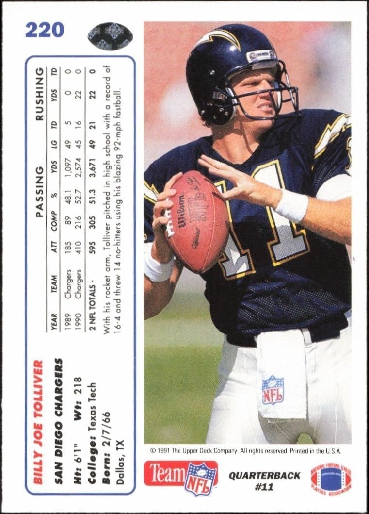 1991 Upper Deck Billy Joe Tolliver #220 football trading card back