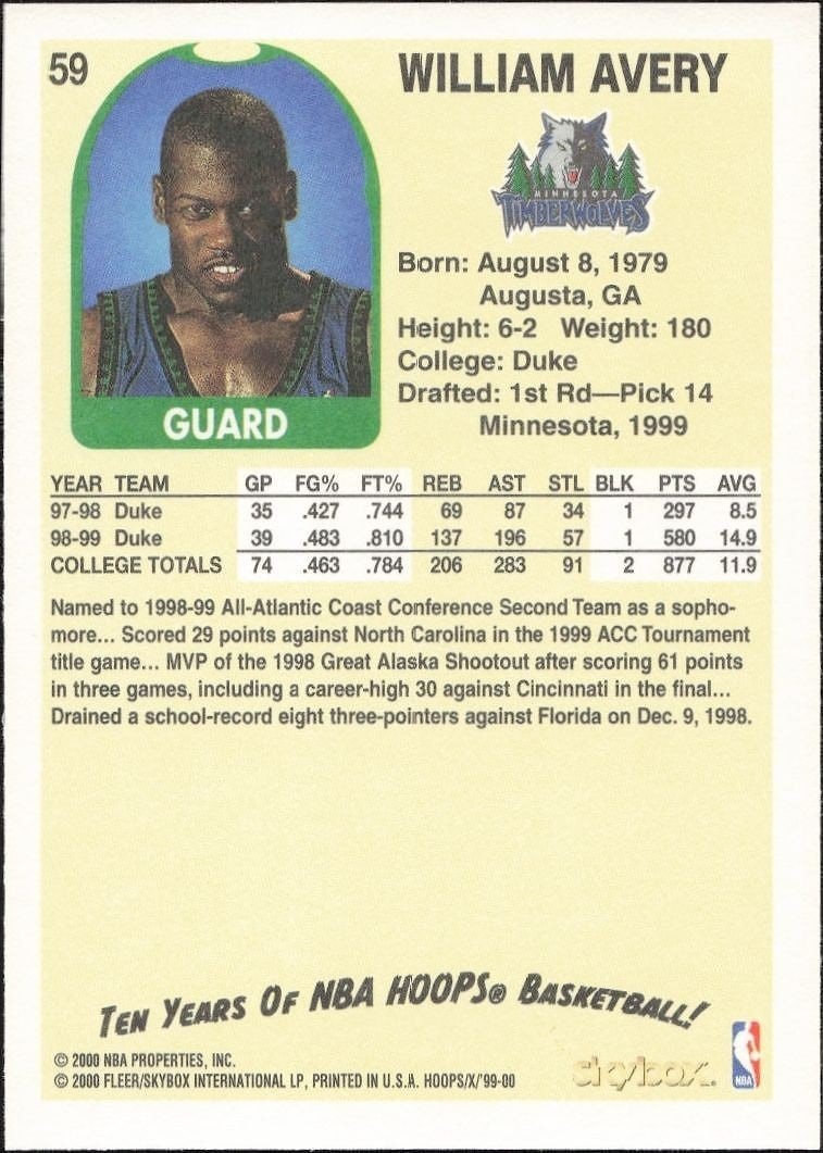 1999-00 Skybox NBA Hoops Decade William Avery #59 basketball trading card back